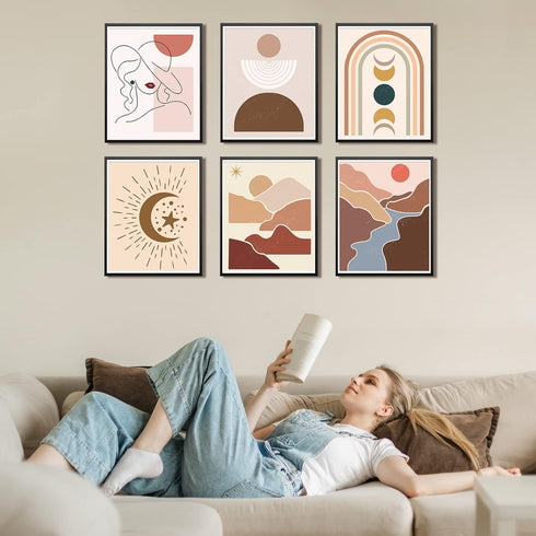9PCS Sun Moon Painting Stencils, 8x10 Inch Abstract Boho Templates Mountain Landscape Drawing Stencils Minimalist Sunrise Themes Women Stencils fo...