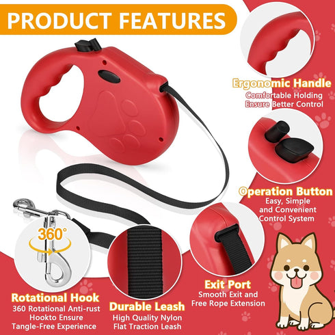 Retractable Dog Leash, 16ft Dog Walking Leash for Small Dogs up to 77lbs, Non-Slip Handle - Red...