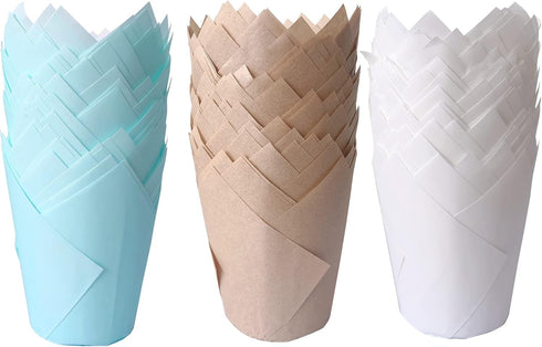150PCS Tulip Cupcake Liners,Natural Baking Cups Muffin Cupcake Grease-Proof Wrappers for Wedding, Birthday Party,Christmas(Blue,Natural,White)...