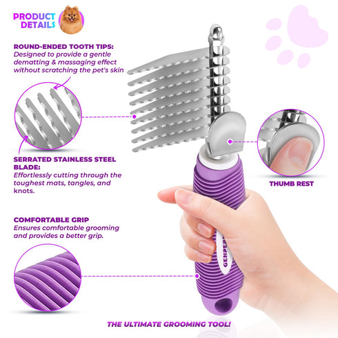 Dematting Undercoat Rake Comb for Dogs & Cats with Long 2.5-In Stainless Steel Safety Blades for Removing Knots, Mats & Tangles - Pet Grooming Des...