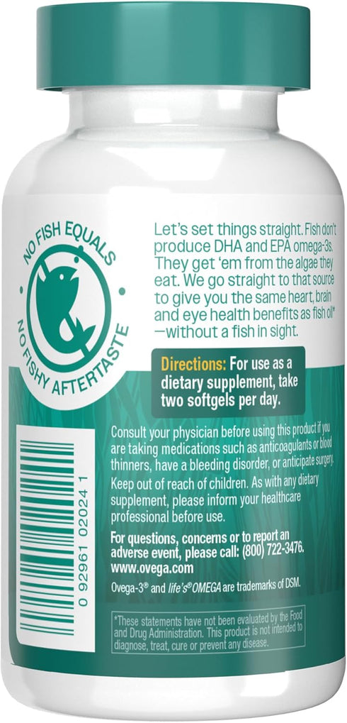 OVEGA-3 Plant-Based Omega-3 from Algal Oil Daily Supplement, 500mg, Supports Brain, Eye & Heart Health, Two Mini softgels per Day, 60 Count...