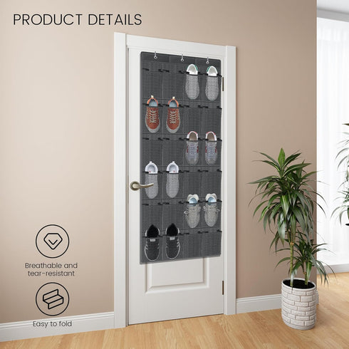 HAKACC Shoe Rack for Closet, 24 Pocket Gray Shoe Organizer Over-the-Door Storage Sturdy Closet Rack Hangers for Shoes Sneakers...