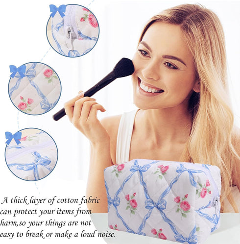 LYDZTION 2Pcs Cute makeup bag Quilted Makeup Bag for Women,Coquette Bow Makeup Bag Cotton Makeup Bag with Purse Pouch Aesthetic Stuff Travel Essen...