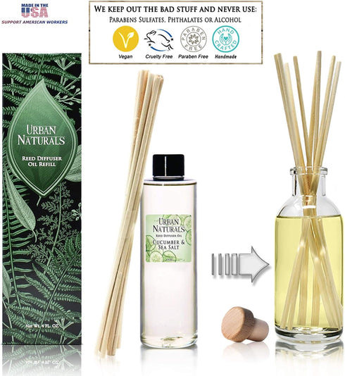 Urban Naturals Cucumber Sea Salt Reed Diffuser Oil Refill Kit | Fresh, Crisp Cucumber, Agave Leaves & Sea Salt | Essential Oil Room Scent + Replac...