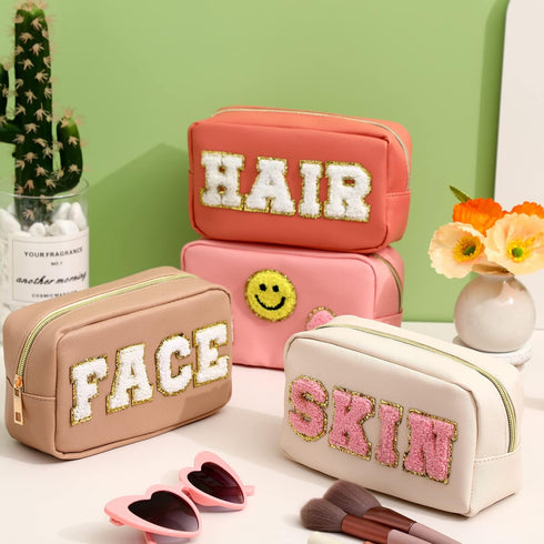 Sanwuta 4 Pcs Chenille Bag Preppy Patch Makeup Bag Cosmetic Bag Chenille Letters Toiletry Bag PU Leather Waterproof Portable Pouch Travel Organize...