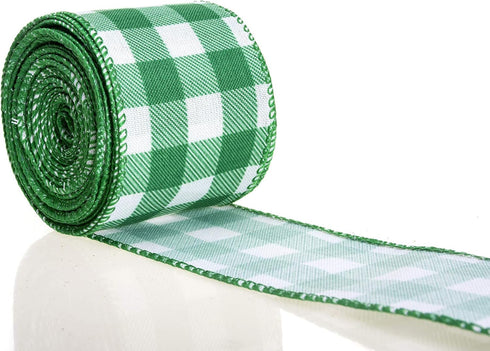 ATRBB Green and White Buffalo Plaid Ribbon Wired Edge Gingham Ribbon for St Patrick's Day Decoration and Bows Craft,10 Yards by 2.5 Inches...