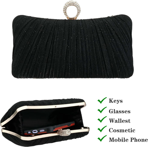 jessie Clutch Purse for Women Pleated Glitter Evening Bag for Crystal Bridal Wedding Party with Rhinestone...