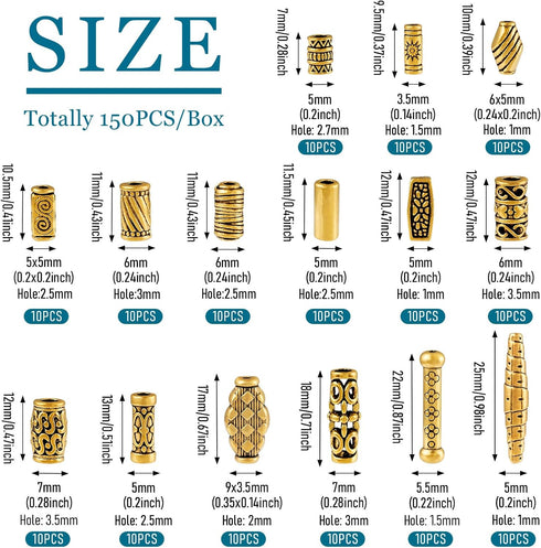 Craftdady 150Pcs Antique Gold Tube Bar Spacer Beads Tibetan Metal Column Barrel Drum Beads for Jewelry Crafts Making Hole:1-3.5mm...