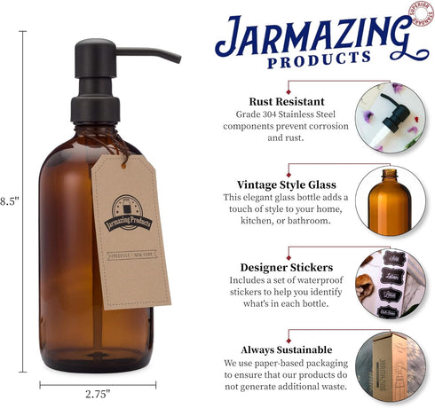 Amber Glass Jar Soap and Lotion Dispenser with Matte Black Pump - 16 oz - by Jarmazing Products...