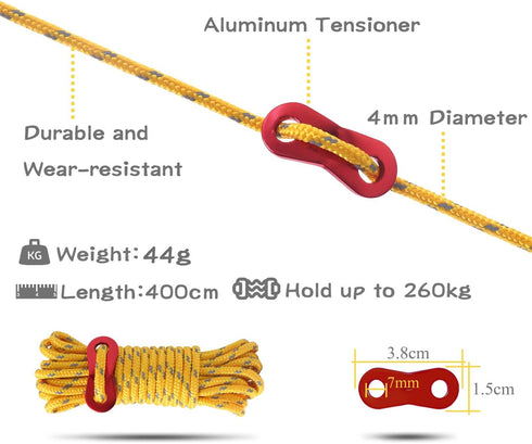 Hikeman 6 Pack 4mm Outdoor Guy Lines Tent Cords Lightweight Camping Rope with Aluminum Guylines Adjuster Tensioner Pouch for Tent Tarp, Canopy She...