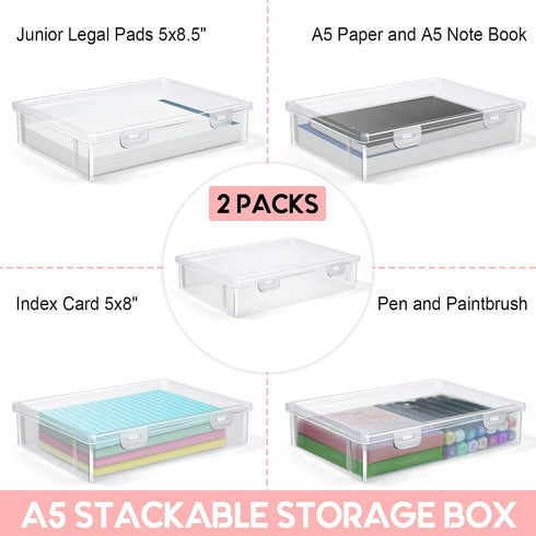 Vowcarol Storage Boxes for 5in x 8in Legal Pads, Washi Tape Organizer, A5 Paper Storage Bin, 5 x 8 Inches Index Card Box- 2 Pack...