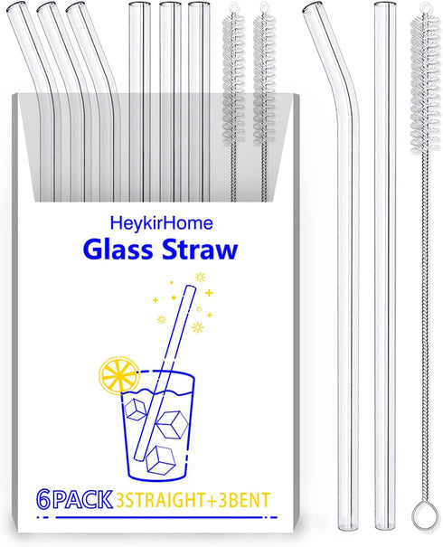 6-Pack Reusable Glass Straw-Transparent,Size 8''x10 MM,Including 3 Straight and 3 Bent with 2 Cleaning Brush- Perfect For Smoothies, Tea, Juice-Cl...