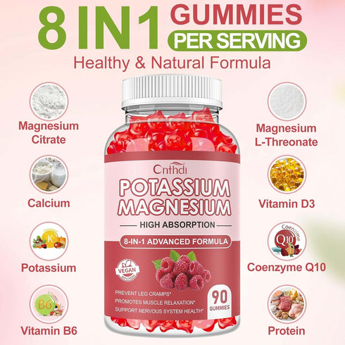 Potassium Magnesium Supplement Gummies - 90 Ct | Sugar Free Magnesium Potassium Supplement with Vitamin D, B6, and CoQ10 for Calm Mood & Sleep Sup...