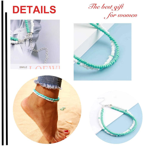 Boho Turquoise Anklet Turquoise Ankle Beaded Bracelet Blue White Handmade Beaded Anklet Summer Beach Anklet Fashion Feet Chain Jewelry Gift for Wo...