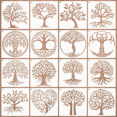 16 Pcs Tree Stencils for Painting on Wood, 6 x 6 Inch Tree of Life Stencil Small Palm Tree Drawing Template for Canvas, Wall, Floor, DIY Art Craft...