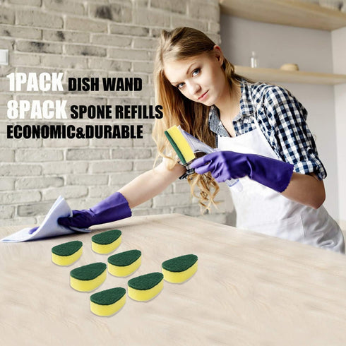 Dish Wand with 7Pack Replacement Dish Wand Sponges,Not Easy Leak Dishwand and Long Lasting Replacement Sponge Heads,Dish Brush Pads Kitchen Cleani...