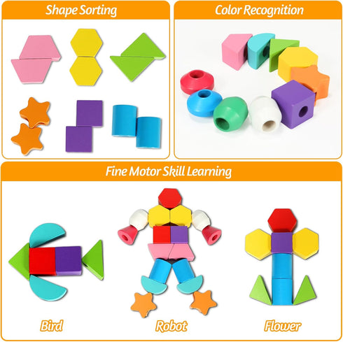Montessori Toys for 2 3 4 Year Old Wooden Shape Matching Game & Lacing Beads Preschool Learning Activities Fine Motor Skills Toys Sorting Stacking...
