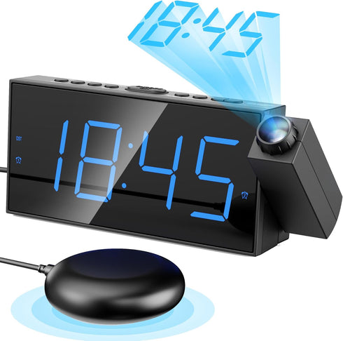 Mesqool Projection Alarm Clock, Loud Vibrating Alarm Clock for Heavy Sleepers, Adjustable Projection Brightness,Hearing Impaired & Deaf People, Di...