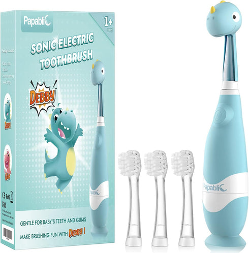 Papablic Toddler Sonic Electric Toothbrush for Ages 1-3 Years, Baby Electric Toothbrush with Cute Dino Cover and Smart LED Timer, 4 Brush Heads (D...
