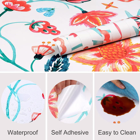 Red Floral Wallpaper Botanical Pomegranate Flower Stick and Peel Wall Paper for Bedroom Laundry Room Removable Self Adhesive Decorative Floral Con...