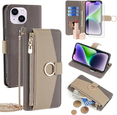 Asuwish Phone Case for iPhone 14 Plus 6.7 inch Wallet Cover with Screen Protector and Mirror Flip Cover Ring Card Holder Crossbody Strap Cell i-Ph...