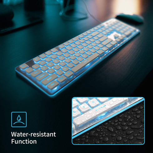 LANGTU LED Computer Keyboard, USB Wired Keyboard for Gaming and Office, All-Metal Panel 104 Keys Quiet Membrane Keyboard with Blue Backlit - L2 Wh...