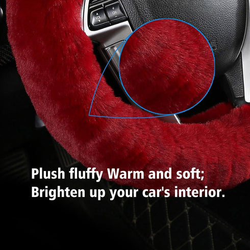 4 Pcs Furry Car Steering Wheel Cover with Fluffy Gear Shift Cover Soft Warm Non-Slip Car Decoration for Women Girls (Wine-red)...