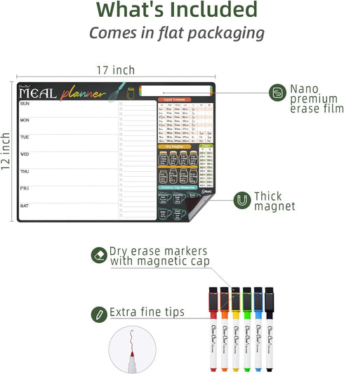 Magnetic Dry Erase Menu Board - 17"x12" Meal Planning Board for Fridge - 6 Extra Fine Point Markers Included - Shipped Flat...