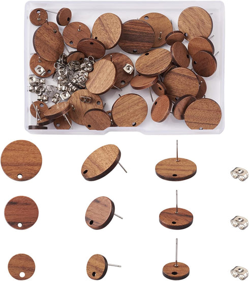 Pandahall 18 Pairs Flat Round Walnut Wood Earring Studs 3 Sizes Wooden DIY Making Kits with Stainless Steel Ear Nuts for Handmade Earrings...