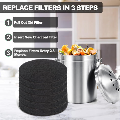 Charcoal Filters for Kitchen Compost Bin, 6 Pack Filters for Compost Pails Countertop Bin Replacement, Activated Charcoal Home Bucket Refill Sets,...