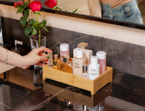 Makeup Organizer Countertop for Vanity, Bathroom Organizers and Storage Bamboo Bathroom Countertop Organizer Cosmetic Skincare Perfume Organizers...