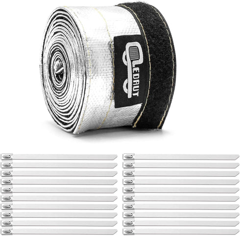 Heat Shroud Aluminized Sleeving Heat Shield fuel line wire heat sleeve 1/2" I.D. x 10FT with 20 Pcs 3.9Inch Stainless Steel Cable Metal Zip Ties...