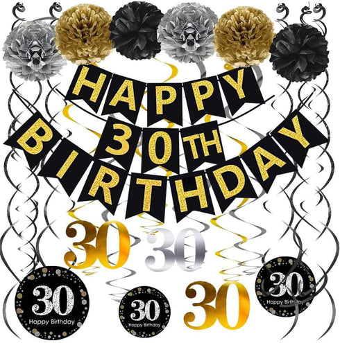Black & Gold Glittery Happy 30th Birthday Banner,Poms,Sparkling 30 Hanging Swirls Kit for 30th Birthday Party 30th Anniversary Decorations Supplie...