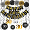 Black & Gold Glittery Happy 30th Birthday Banner,Poms,Sparkling 30 Hanging Swirls Kit for 30th Birthday Party 30th Anniversary Decorations Supplie...