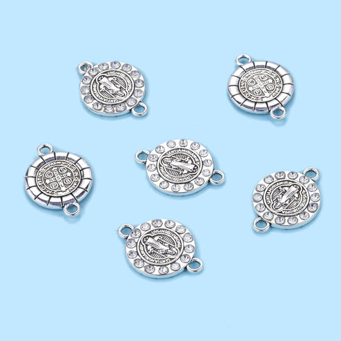 20pcs Antique Silver Rhinestone Religious Wear Saint Benedict Medallion Bracelet Connector Round Link Beads Jewelry Making Charms for DIY Necklace...