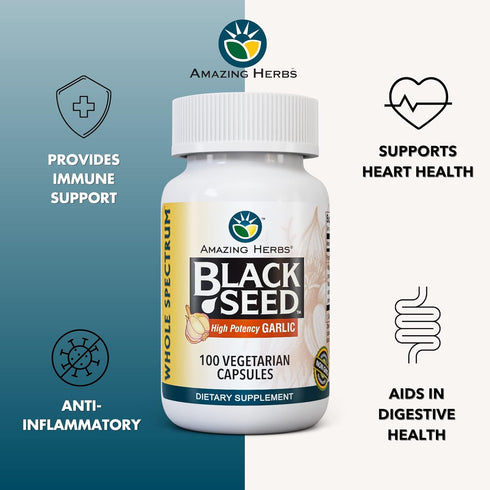 Amazing Herbs Whole Spectrum Black Seed & High Potency Garlic, Vegetarian Capsules - Gluten-Free, Non-GMO, Vegan, Supports Immune System, Lung Fun...