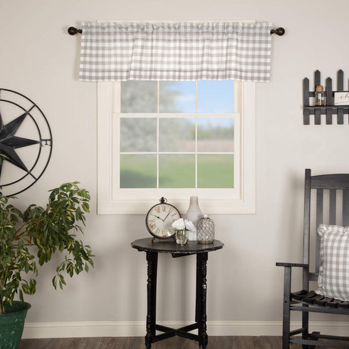 VHC Brands Annie Buffalo Check Farmhouse Kitchen Window Curtains- Lined Valance, 16x60, White &Grey...