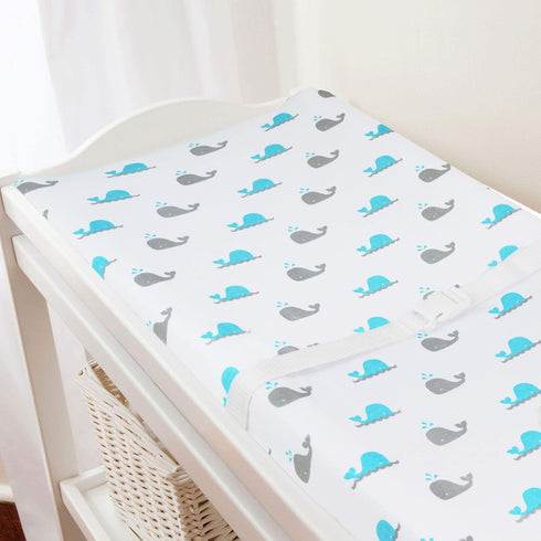 TL Care Printed 100% Cotton Knit Fitted Contoured Changing Table Pad Cover - Compatible with Mika Micky Bassinet, Aqua Whale, for Boys and Girls...