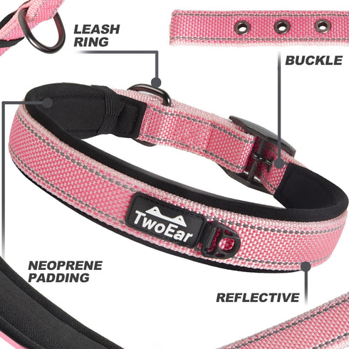 TwoEar Heavy Duty Dog Collar, Comfy Adjustable Soft Neoprene Padded Reflective Pet Collars with Metal Buckle for Small/Medium/Large Dog Breeds(S, ...