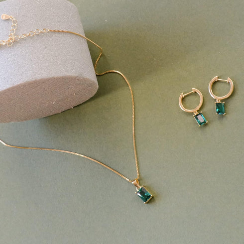 espere Baguette CZ Pendant Necklace | 14K Gold Plated Sterling Silver | Emerald Baguette Pendant Dainty Box Chain Necklace 18''...