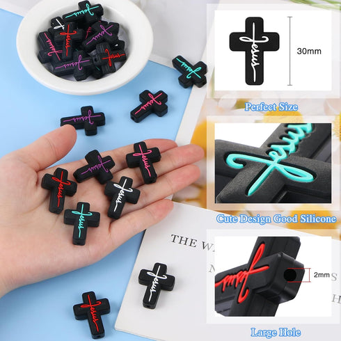 LIYDE 15 Pcs Religion Silicone Beads for Jewelry Making Jesus Faith Silicone Beads Bulk for Pens Silicone Beads with Box Cross Shaped Spacer Loose...