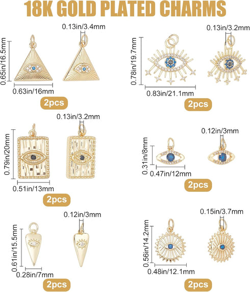 Beebeecraft 12Pcs 6 Style Real 18K Gold Plated Evil Eye Charms Bulk Cubic Zirconia Turkish Evil Eye Crystal Beads with Jump Ring for DIY Jewelry M...