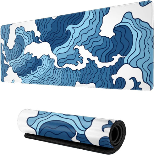 Japanese Blue and White Wave Gaming Mouse Pad XL, Non Slip Rubber Base Mousepad, Stitched Edges Desk Pad, Extended Large Mice Pad,31.5 X 11.8 Inch...