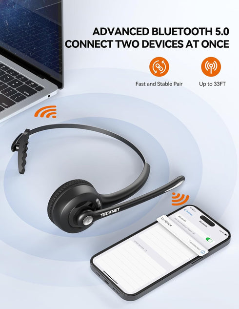 TECKNET Bluetooth Headset, Wireless Headset with Noise Canceling Microphone for Trucker, On-Ear Bluetooth Headset with Mute Mic for Work, Cellphon...