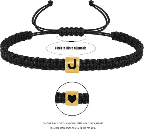 Initial Bracelets for Women Men Woven Rope Braided Letter Bracelet Gold 26 Alphabet Handmade Adjustable Black String Bracelet Jewelry Gifts - A...