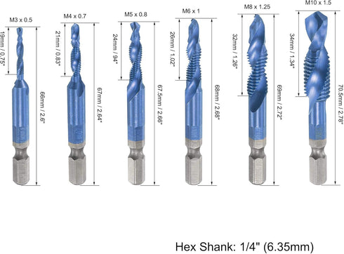 uxcell Combination Drill and Tap Bit Set M3 M4 M5 M6 M8 M10 with 1/4" Hex Shank Bluing High Speed Steel Countersink Bit Spiral Flute Tapping Tool ...