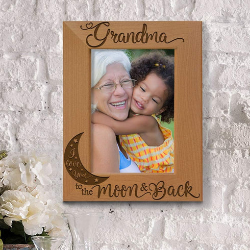 KATE POSH - Grandma I Love You to the Moon and Back Engraved Natural Wood Picture Frame, Mother's Day Gifts for Grandma, Birthday Gifts for Grandm...