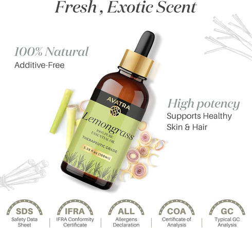 Avatra Lemongrass Essential Oil for Scalp, Skin, & Diffuser | Aromatherapy | Soaps & Candles | Pure & Natural Essential Oil- 3.38 Fl Oz...