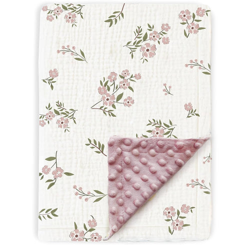 Muslin Baby Blankets for Girls Super Soft Nursery Minky Blankets with Breathable Muslin Cotton Front and 3D Touch Dotted Fleece Backing, Pink Flor...
