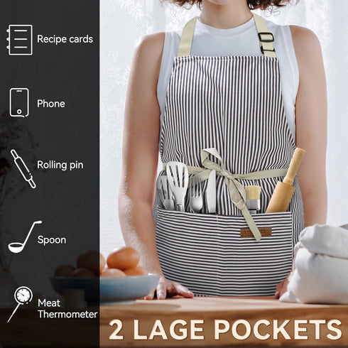 2 Pack Aprons for Women with Pockets, Soft Chef Apron for Men, Adjustable Bib Aprons for Kitchen Cooking BBQ (Black/Brown Stripes)...